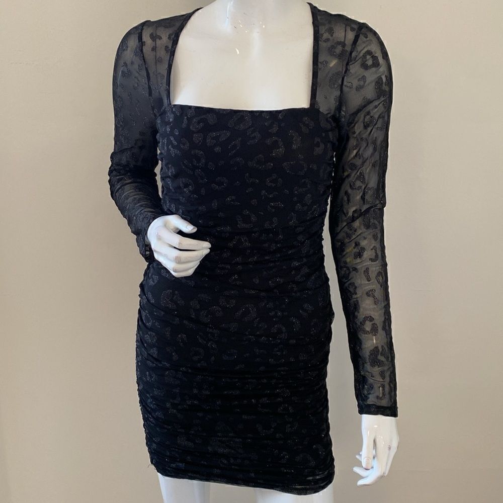 NWOT Sabora Black Glitter Leopard Print Long Sleeve Mink Dress Dolls Kill